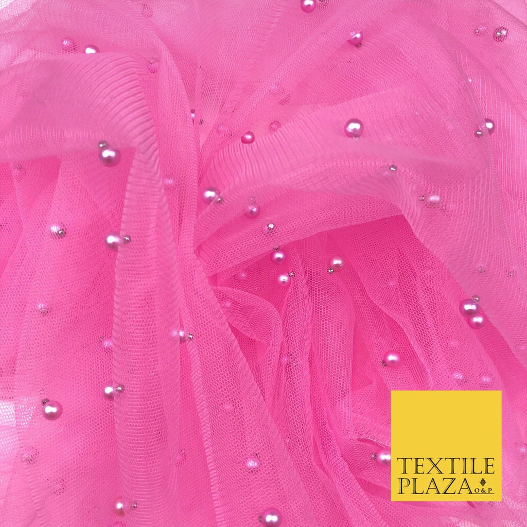 BUBBLEGUM PINK Studded Pearl Mesh Net Fabric Bridal Sheer Craft Dress N1111