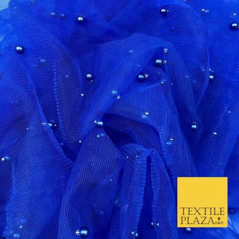 ROYAL BLUE Studded Pearl Mesh Net Fabric Bridal Sheer Craft Dress N1107