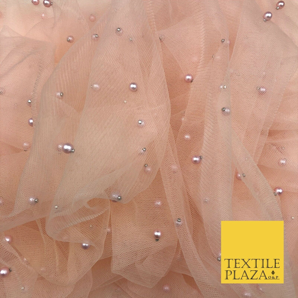 LIGHT PEACH Studded Pearl Mesh Net Fabric Bridal Sheer Craft Dress N1102