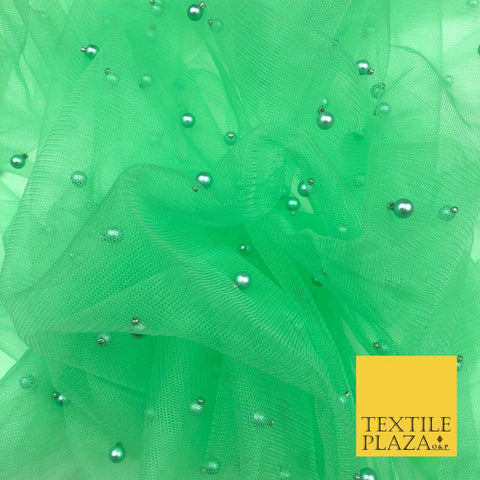APPLE GREEN Studded Pearl Mesh Net Fabric Bridal Sheer Craft Dress N1099