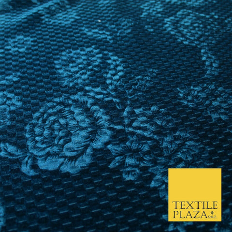 Teal Blue Floral Rose Embossed Waffle Textured Velvet Velour Dress Fabric 1904