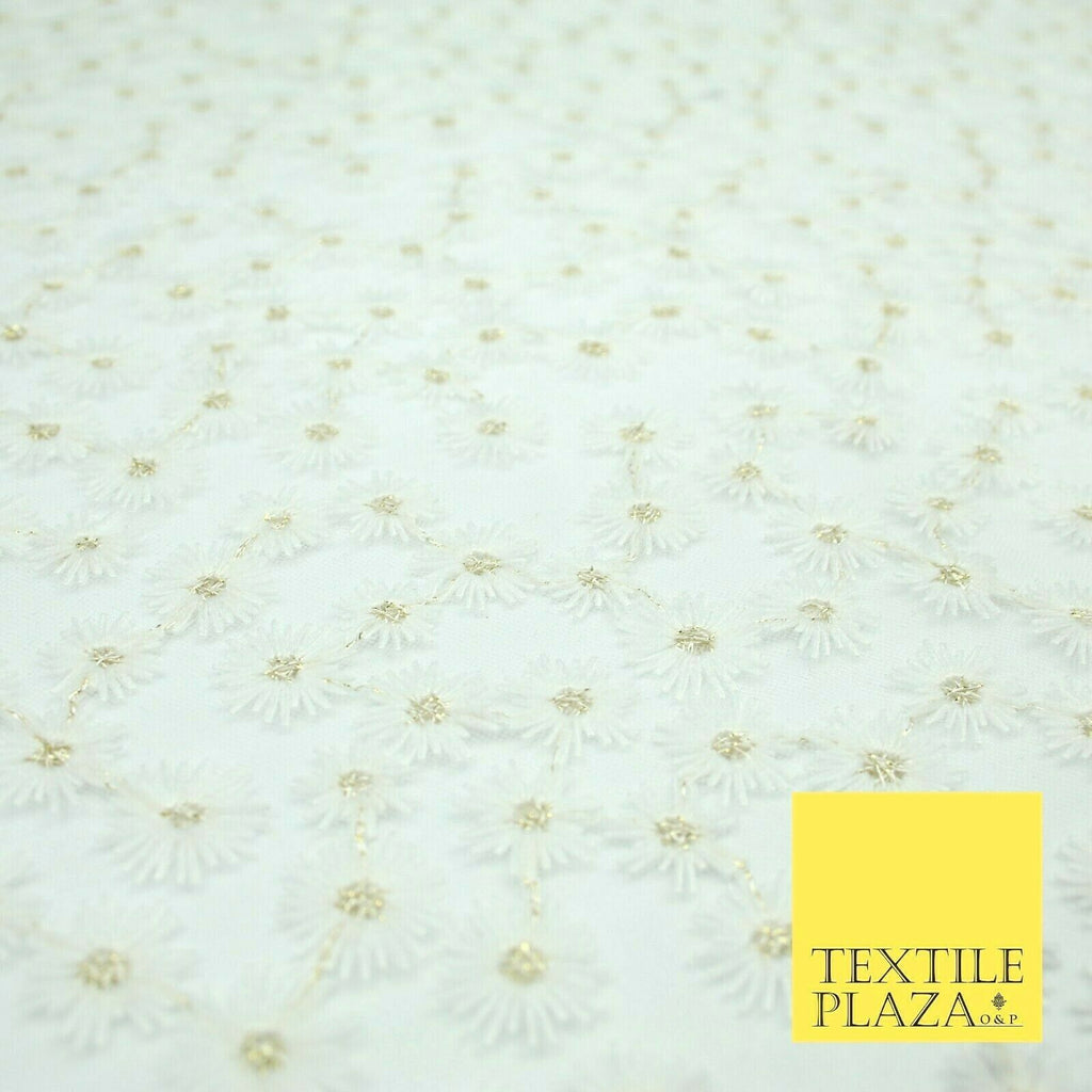 Luxury White Mini Blossom Threadwork Mesh Net Dress Fabric Gold Sparkle 1901