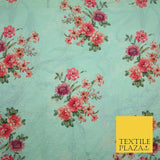 Aqua Grey Lattice Broderie Anglaise Floral 100% Cotton Lawn Print Dress Fabric