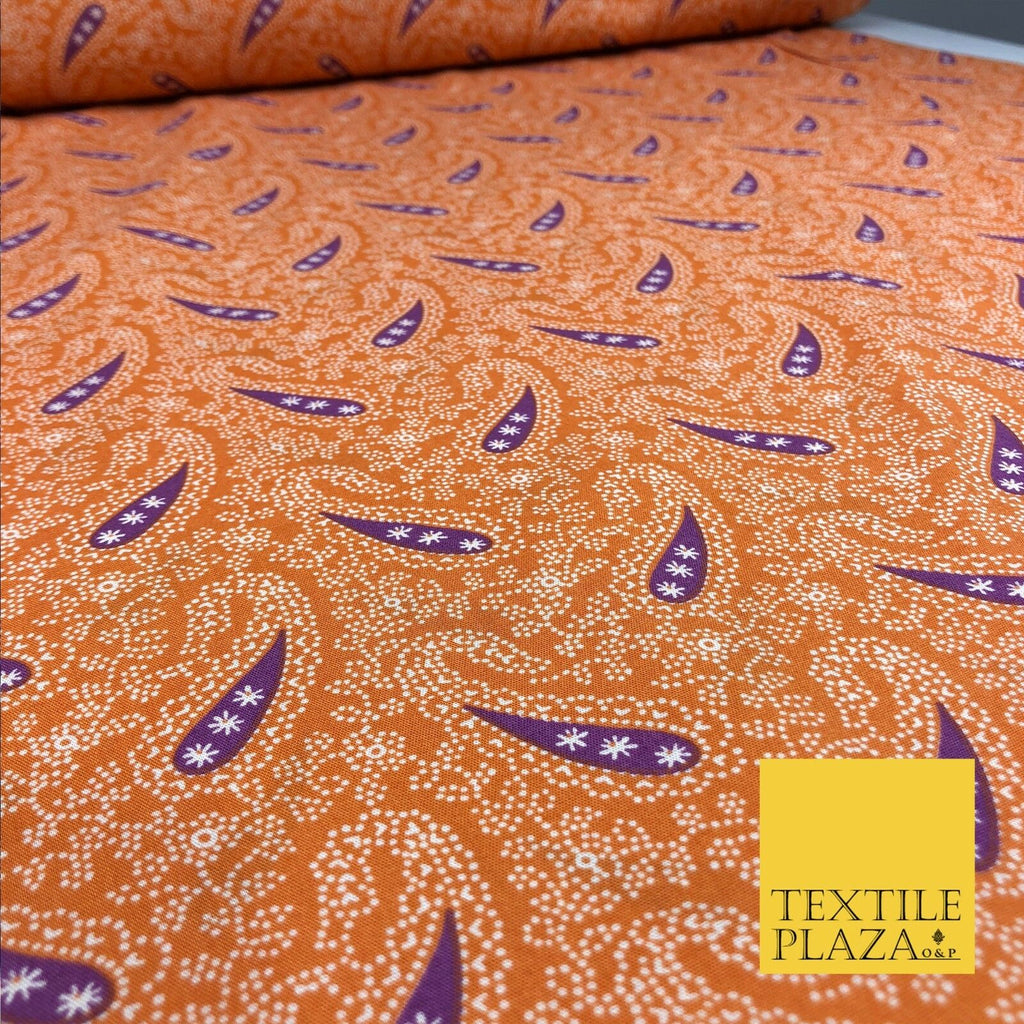 Orange Dotted Cotton Print Fabric with Purple Paisleys Dress Craft 55" FD789