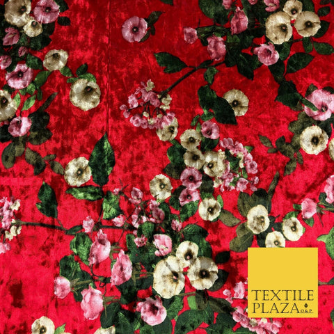 Cherry Red Floral Peony Flowers Printed Soft Velvet Dress Fabric Craft Q1301