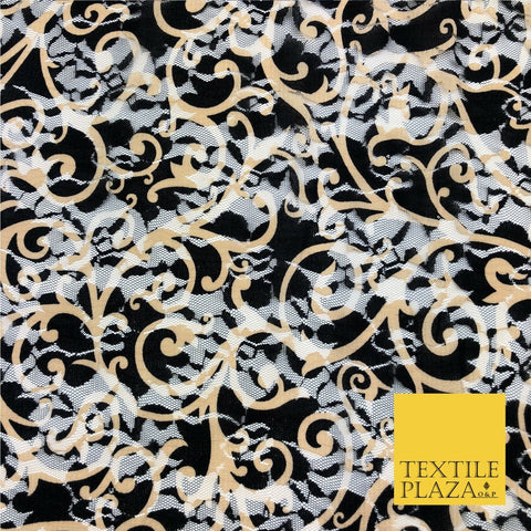 Intricate Swirl Black & Gold Net Lace Fabric Trendy Dress Fashion 45" GE836
