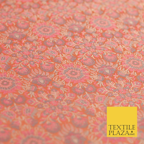 Carrot Pink Luxury Flowers PURE Benarsi Brocade Woven Dress Fabric Fancy 1742