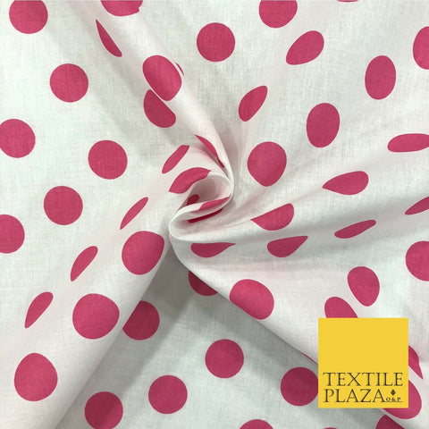 White with Cerise Pink Polka Dot Spotted 100% Cotton Fabric Dress Craft RC362