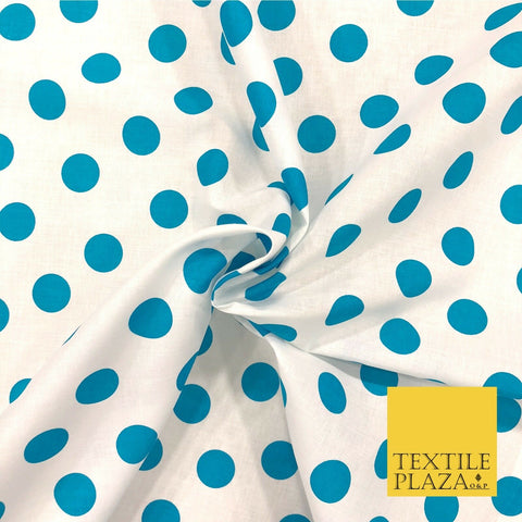 White with Turquoise Polka Dot Spot Spotted 100% Cotton Fabric Dress Craft RC360