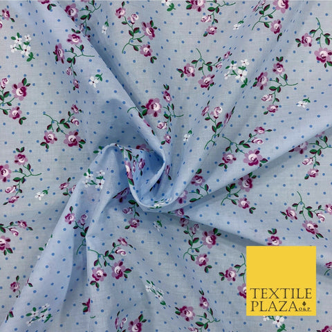 SKY BLUE Garden Rose Print Fabric 100% Cotton Flower Polka Dot Dress Craft RB355