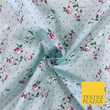 AQUA Garden Rose Print Fabric 100% Cotton Flower Polka Dot Dress Craft RB354