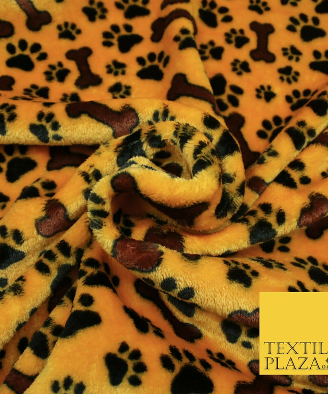 Mustard Dog Bone Paws SUPER SOFT Printed Cuddle Fleece Bed Blankets Craft 1777