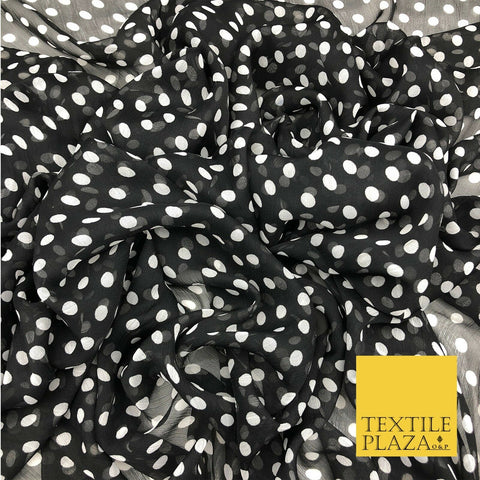 Black with 1cm White Polka Dot Spotted Crinkle Chiffon Dress Craft QF824