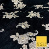 BLACK Ornate Floral Paisley Cluster Embroidered Velvet Dress Fabric 1096