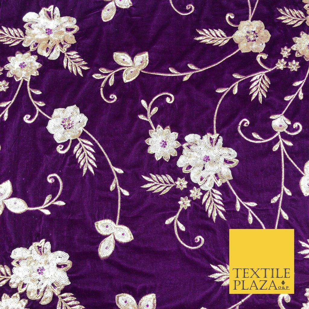 PURPLE Fancy Ornate Floral Sequin Stonework Embroidered Velvet Dress Fabric 1090