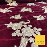 MAROON Ornate Floral Paisley Cluster Embroidered Velvet Dress Fabric 1094
