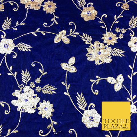 ROYAL BLUE Ornate Floral Sequin Stonework Embroidered Velvet Dress Fabric 1092