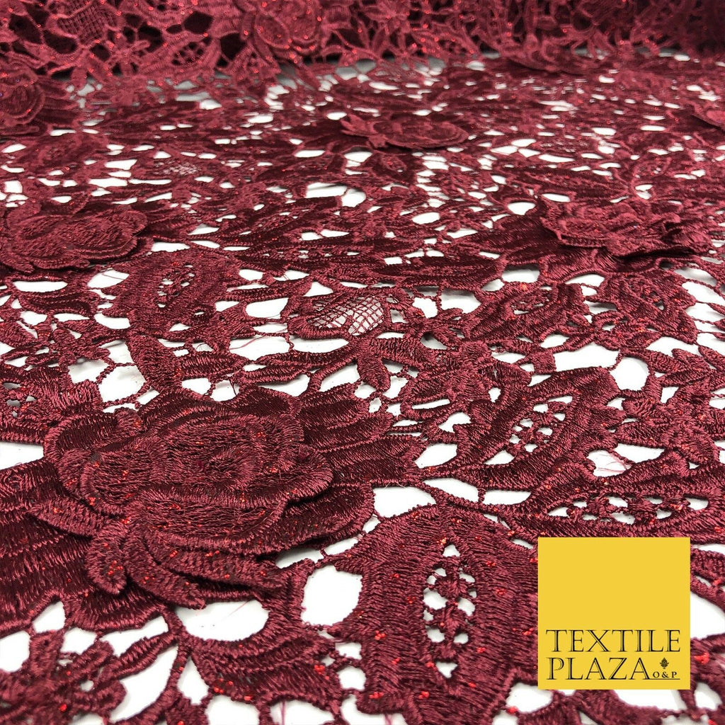 MAROON WINE Luxury 3D Appliqué Glitter Guipure Lace Dress Fabric Floral 1086