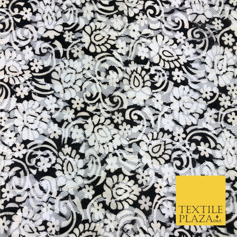 Ornate Flower Black White Ivory Net Lace Fabric Trendy Dress Fashion 45" GE812