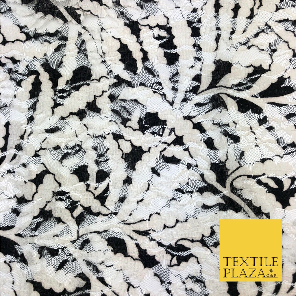 Jungle Leaves Black White Ivory Net Lace Fabric Trendy Dress Fashion 45" GE813