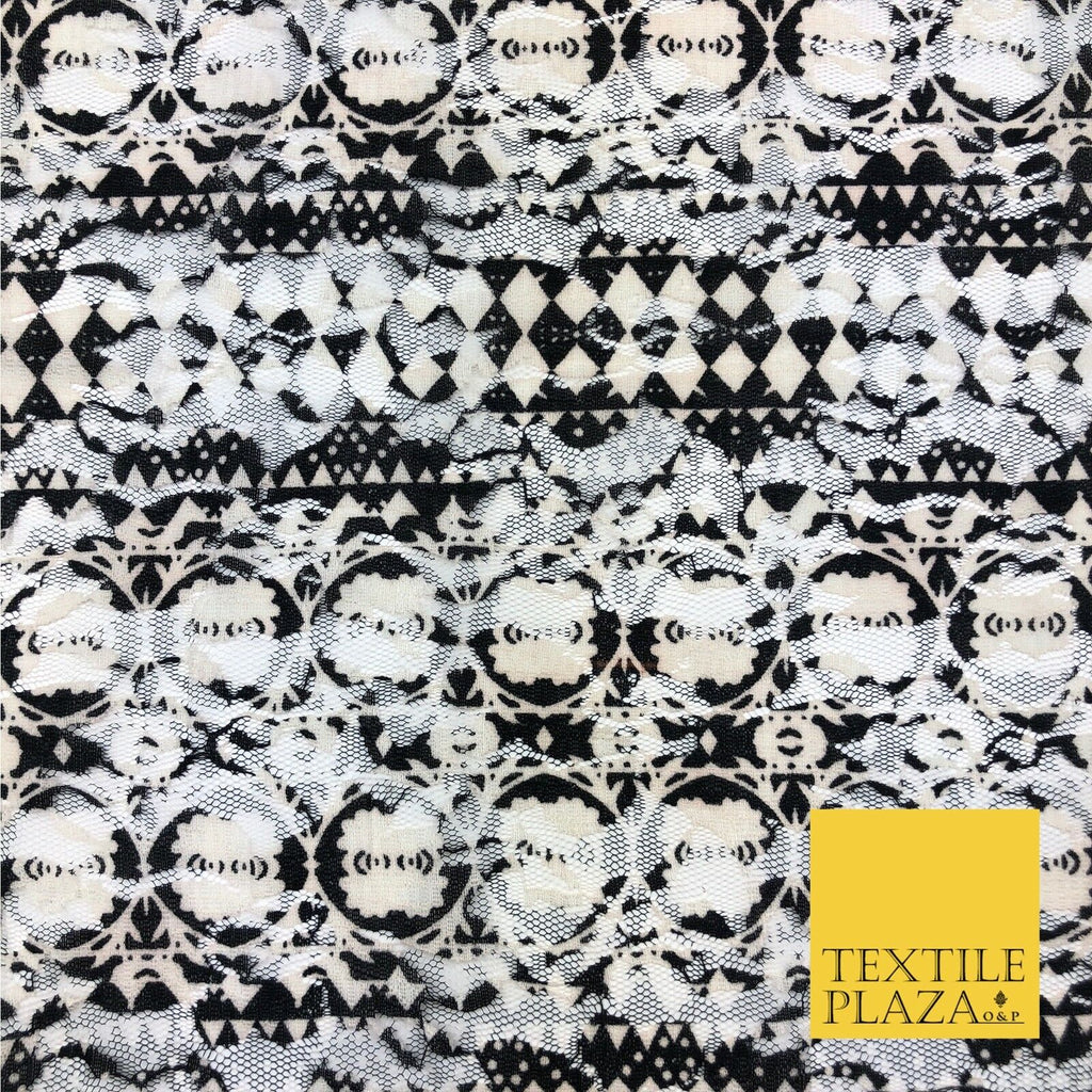 Aztec Geometric Black White Ivory Net Lace Fabric Trendy Dress Fashion GE808