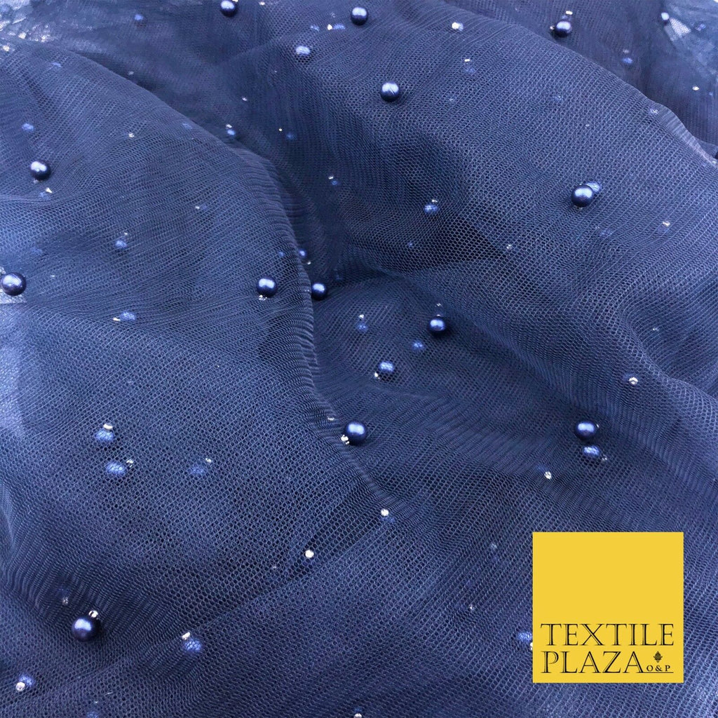NAVY BLUE Studded Pearl Mesh Net Fabric Bridal Soft Sheer Craft Dress 929