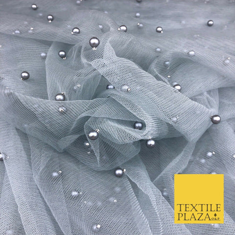 STEEL GREY Studded Pearl Mesh Net Fabric Bridal Soft Sheer Craft Dress 927