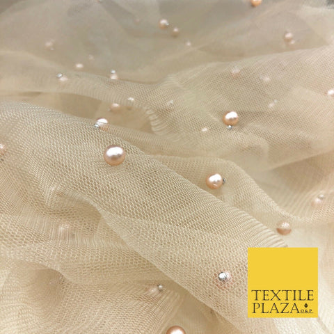LIGHT GOLD Studded Pearl Mesh Net Fabric Bridal Soft Sheer Craft Dress 925