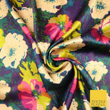 Watercolour Blue Purple Lime Fuchsia Floral Printed Charmeuse Satin Fabric 2941