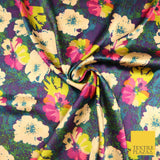 Watercolour Blue Purple Lime Fuchsia Floral Printed Charmeuse Satin Fabric 2941