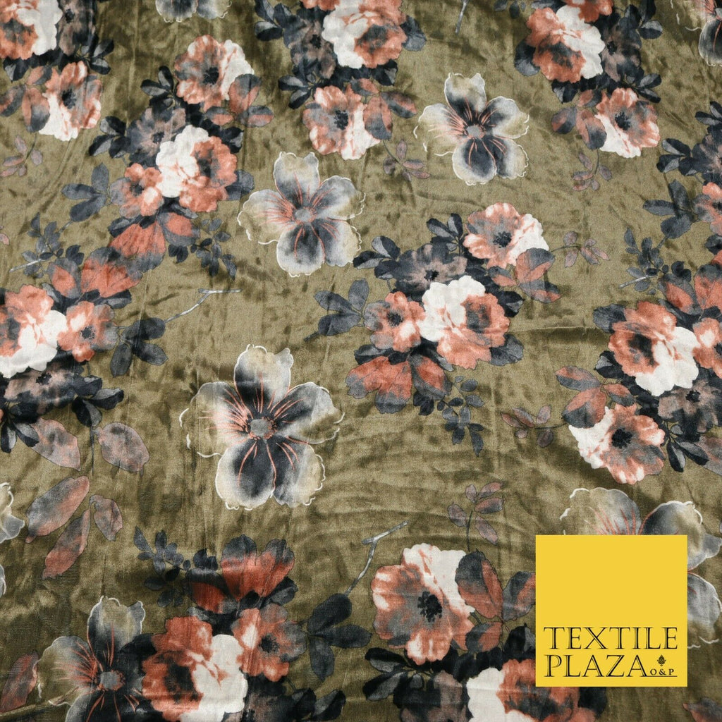 Khaki Green Brown Floral Blossom Printed Soft Velvet Dress Fabric Craft 1689