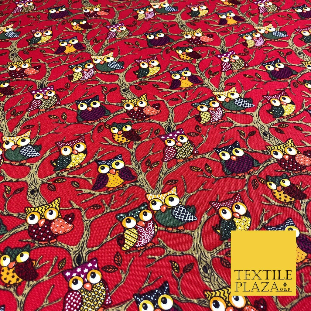 Cherry Red Tree Owls 100% COTTON CANVAS Print Fabric Craft Upholstery 1402