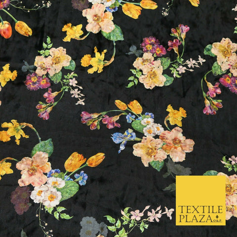 Black Floral Colour Bouquets Printed Soft Velvet Dress Fabric Stretch Craft 1687