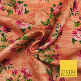PEACH Floral Rose Digital Print Faux Raw Silk Fabric - Dress Craft 1459