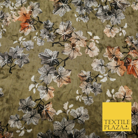 Khaki Oriental Leaves Printed Soft Velvet Dress Fabric Stretch Craft 1684