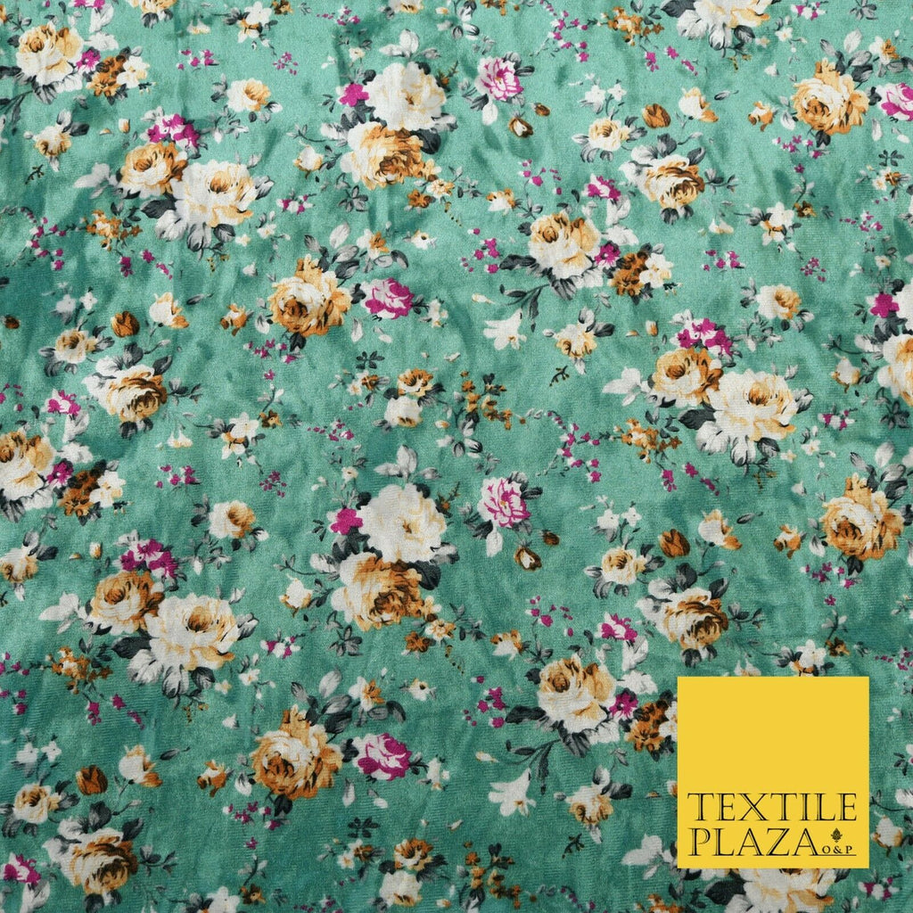 Mint Green All Over Floral Printed Soft Velvet Dress Fabric Stretch Craft 1694