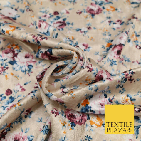 Cream Gold All Over Floral Printed Soft Velvet Dress Fabric Stretch Craft 1693