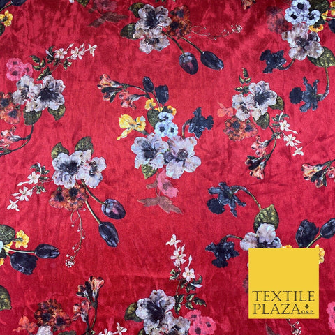 Cherry Red Floral Colour Bouquets Printed Soft Velvet Dress Fabric Craft 1692