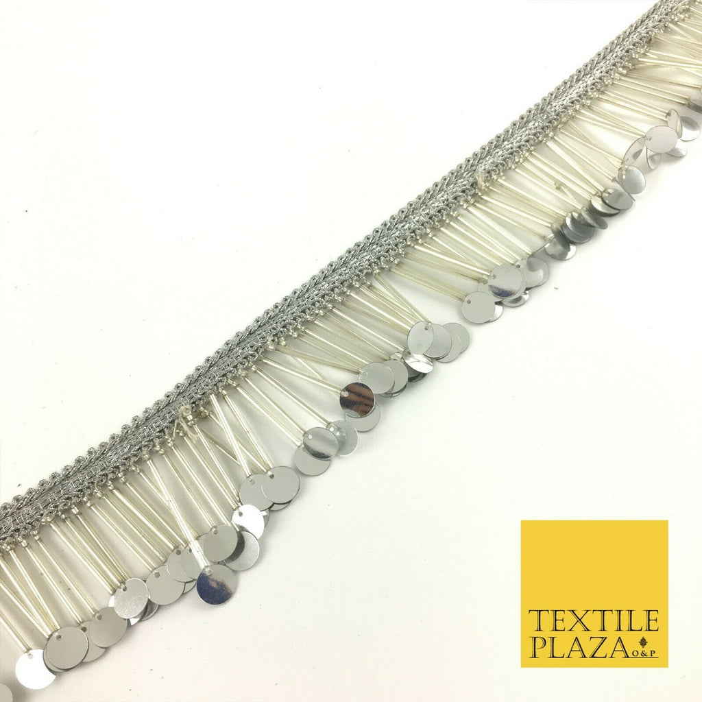 Silver Sequin Glass Tube Fringe Tassel Drop Trim Ribbon Border Dance Lace (X178)