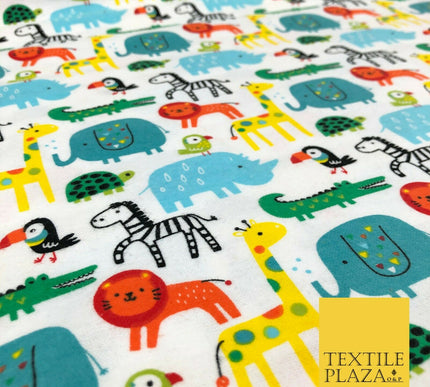 White Kids Colourful Animals Winceyette Soft Brushed Cotton Print Fabric 1408