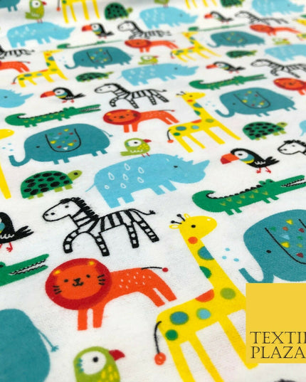 White Kids Colourful Animals Winceyette Soft Brushed Cotton Print Fabric 1408