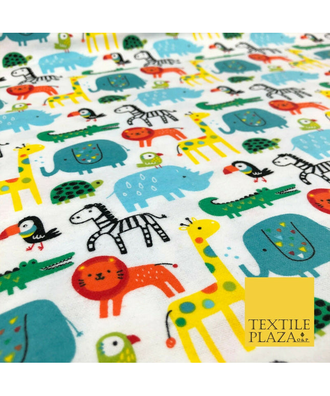 White Kids Colourful Animals Winceyette Soft Brushed Cotton Print Fabric 1408