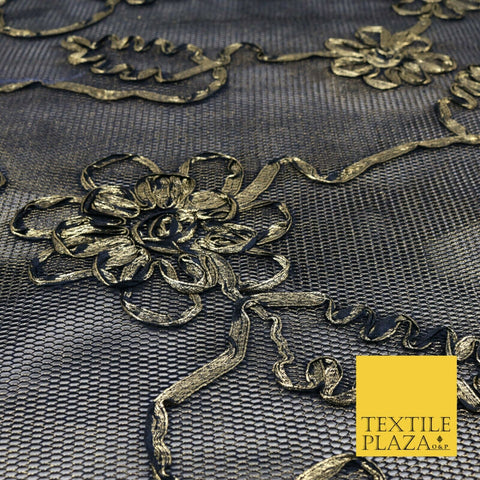 NAVY BLUE GOLD Floral Metallic Ribbon Sponge Net Fabric Scuba Craft Mesh 1474