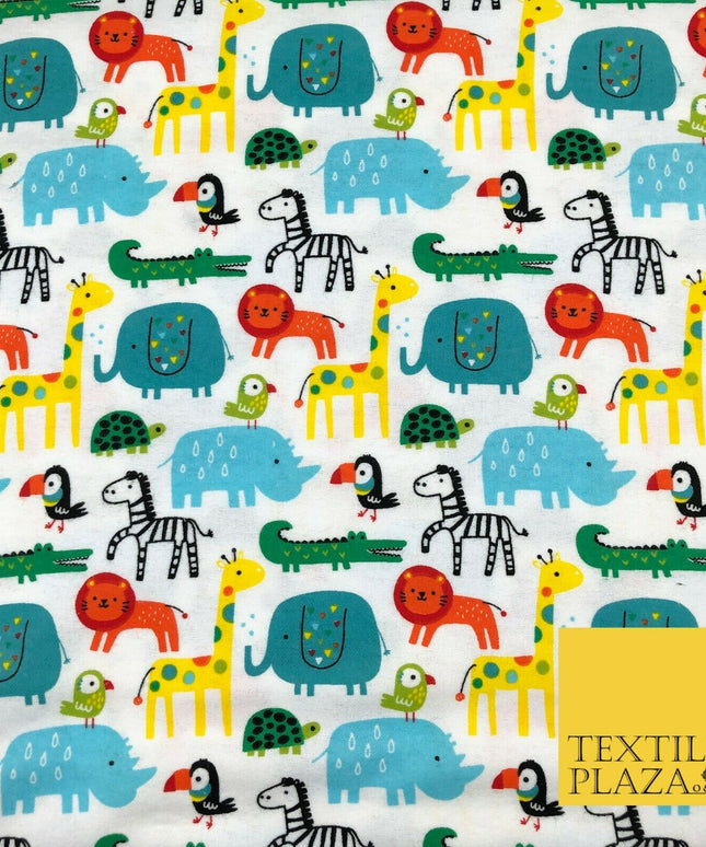 White Kids Colourful Animals Winceyette Soft Brushed Cotton Print Fabric 1408