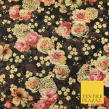 CHOCOLATE BROWN Floral Digital Print Faux Raw Silk Fabric - Dress Craft 1461