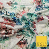 White Ivory Oriental Leaves Printed Soft Velvet Dress Fabric Stretch Craft 1683
