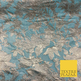 SEA BLUE Luxury Textured Gold Flower Leaf Brocade DressFabric Metallic Fancy1278