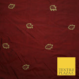 Maroon Red 100% Pure 2-Tone Silk Gold Zardozi Leaf Embroidery Indian Fabric 2522