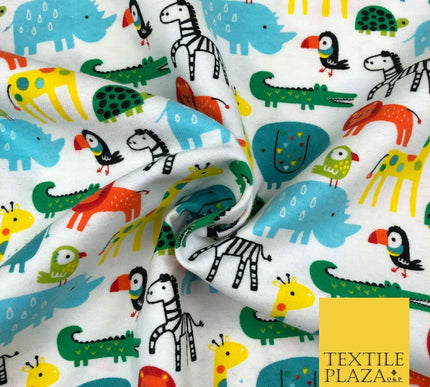 White Kids Colourful Animals Winceyette Soft Brushed Cotton Print Fabric 1408