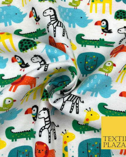 White Kids Colourful Animals Winceyette Soft Brushed Cotton Print Fabric 1408